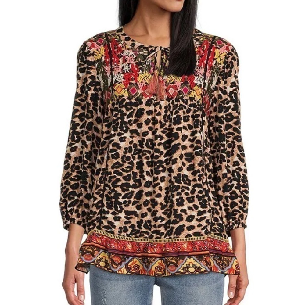 John Mark Blouson Sleeve Round Neck Tassel Tie Animal Print Embroidered Tunic